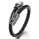 Elastic Adjustable Men's Black Braided Leather Wrap Bracelet Wristband with Steel Dragons