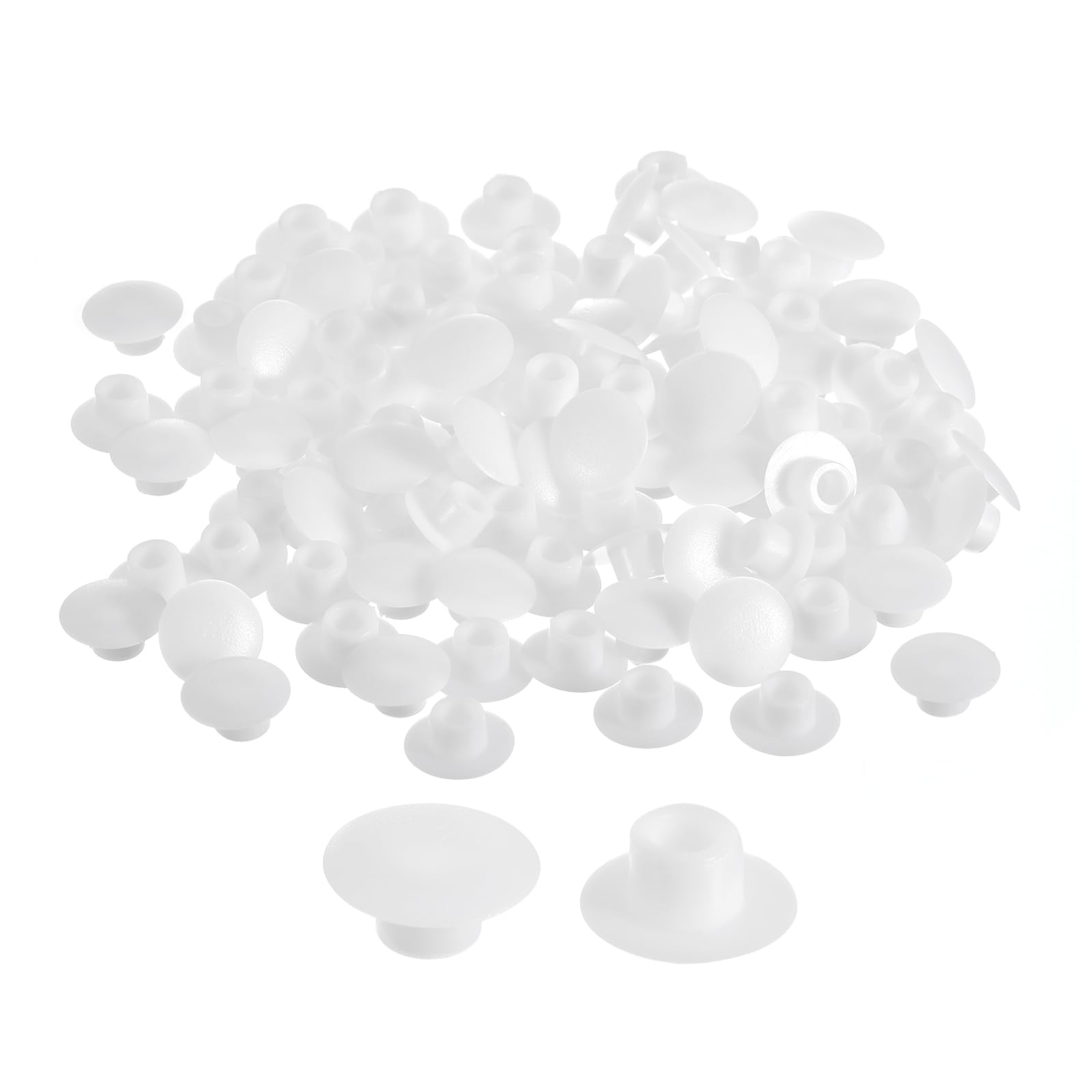 Photo 1 of uxcell 100Pcs Screw Hole Plugs, 6mm(1/4") Dia Plastic Snap in Shelf Button Flush Type Caps for Furniture Cabinet Cupboard, White