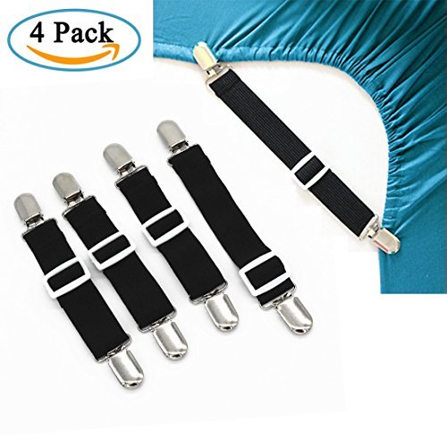TopEUR Adjustable Bed Sheet Fasteners Suspenders Corner Holders Elastic Straps Clips Grippers (Set of 4, Black)