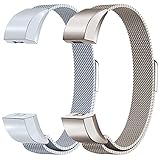 Oitom Fitbit Alta HR Accessory Bands and Fitbit Alta Band,New Fashion Stainless Steel Milanese Loop Wristband (2 Pack Pearl White+Champagne, Large 6.7