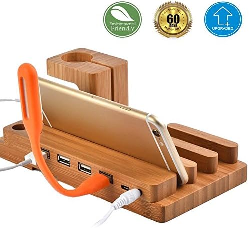 MUXI US Wood USB Charging Station Dock &amp; Organizer, Bamboo Desk Stand Charger, 4 USB Ports, for iPhone 7/6s/6/5s &amp; 38mm/42mm Apple Watch