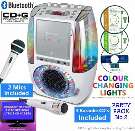 Classic 605 BLUETOOTH KARAOKE, Colour Changing Disco Party Light, Aux In, Smart Phone, Tablet, CDG+ Format CD Player, Connect TV to Display Song Lyrics. Boys, Girls Party Pack 2. White, 2 mics, 3 CDs