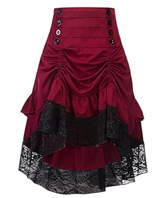 Crazycatz Women's Vintage Steampunk Victorian Goth Lace Party Skirt Front Button Low high Skirt