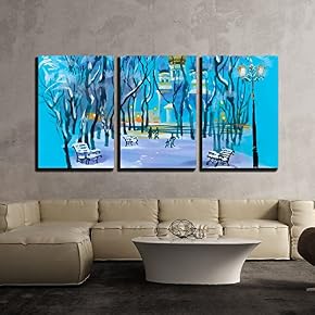 Watercolor Winter Landscape with Church in Park and...