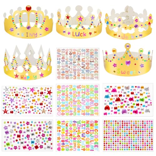 Gold Paper Crowns, 15 Pcs DIY Birthday Party Crowns, King & Princess Crown Hats with Gem Stickers, Letters and Number Stickers for School, Party & Craft Decoration
