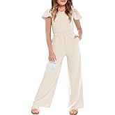 Haloumoning Girls Jumpsuit Kids Fashion Ruffle Cap Sleeve Wide Leg Rompers One Piece Outfits with Pockets