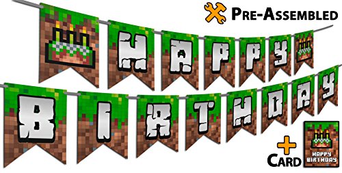 Pixel Style Happy Birthday Banner - Pre-Assembled, 2-Side Printed HD Color Pixelated Design. BONUS Birthday Card. 2 Formats, Thick Paper Pennant Flags with Super Long Ribbon. Gamer Boys Party Supply