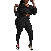 Ophestin Women 2 Piece Outfits Workout Sets Long Sleeve Zip Up Crop Jacket Bodycon Pant Tracksuit Jogging Suit Black M