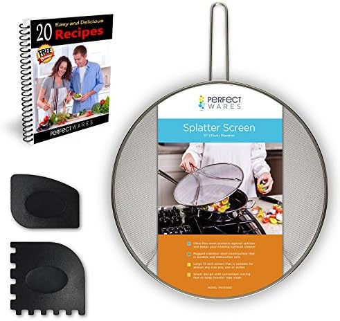 Splatter Screen Stainless Steel 13" Diameter - Fine Mesh to Prevent Grease and Hot Oil Splatter from Pots and Frying Pans - Heavy Duty Construction with Resting Feet - Includes Gift Pan Scrapers