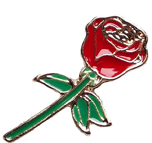 Brand New Romantic Long Stem Red Rose Enamel Lapel Pin with Three Green Leaves