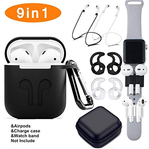 Airpods Case, Airpods Accessories Set,9 in 1 Protective Silicone Cover and Skin Compatible Apple Airpods with Anti-Lost Airpods Strap,Airpods Ear Hook/Watch Band Holder/Keychain/Carrying Box (Black)