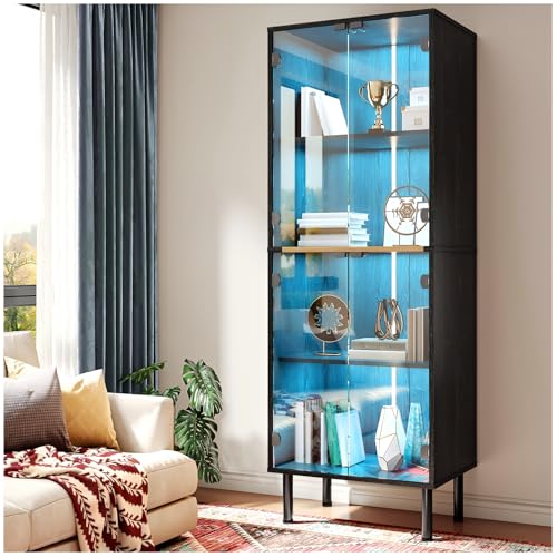 Simple Wisdom Vitrina,Vitrinas Exhibidor con Puertas de Cristal,Vitrinas Alta de Cristal con Luces LED,Vitrina para Coleccionables con 3 Estantes para Esquinero para Sala (Negro, 181X60 CM)