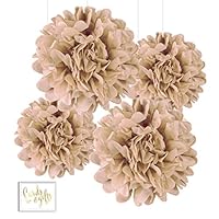 Andaz Press Tissue Paper Pom Poms Hanging Decorations with Free Gold Card & Gifts Party Sign, Kraft Brown, 8-inch and 10-inch, 4-Pack, Colored Birthday Party Supplies