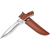 FLISSA Hunting Knife with Leather Sheath, 11-5/8 inch Fixed Blade Full-Tang Construction, Ergonomic Wood Handle Knife for Outdoor Survival, Camping, Hiking, Brushcraft, Gift for Dad Husband Men