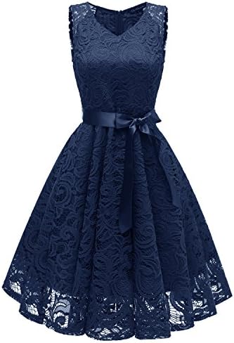 EvoLand Womens Floral Lace Sleeveless Bridesmaid Party Short Prom Dress V Neck