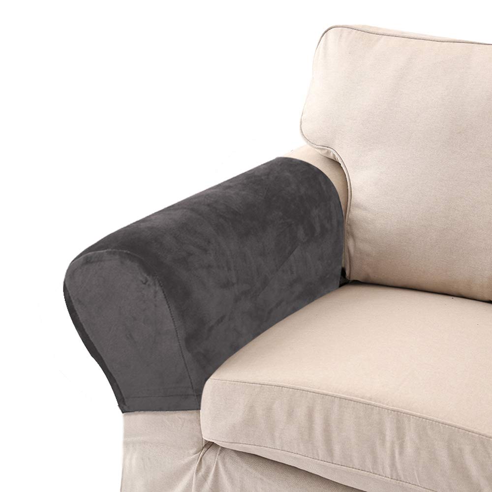 LERTREE Pack of 2 Velvet Soft Arm Slipcovers Elastic Armrest Protectors Removable Sofa Arm Covers (Dark Gray)