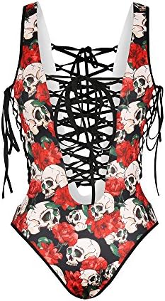 Resulzon Colorful Sexy New Design Criss Cross Lace Up Halter Neck Monokini Swimsuit -Skull, S