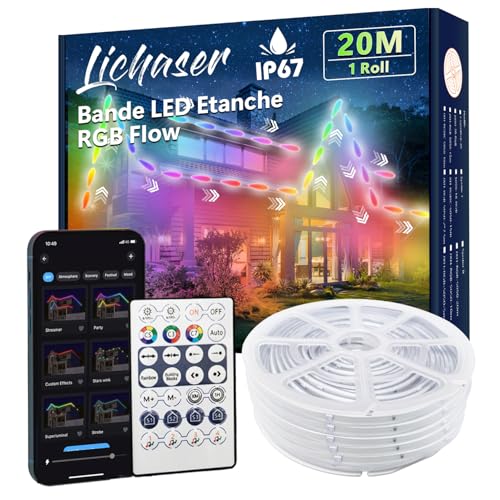 Lichaser RGB+IC IP67 Waterproof Outdoor LED Strip Light Strip DIY Tracking Segmentation with BT APP and RF Remote Control for Outdoor Use (20m)