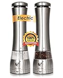 Premium Electric Salt and Pepper Grinder Set by Delvina Electric Salt & Pepper -Pack Of 2 Mills- LED Light, Battery Operated Stainless Steel Grinders