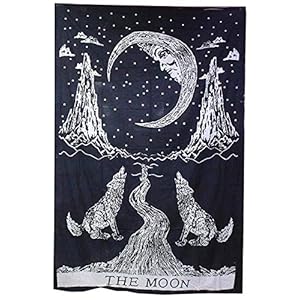 raajsee Crying Wolf and Moon Tarot Tapestry Wall Hanging, Indian Cotton Throw/Black and White Moon Tapestries Hippie Mandala, Boho Bedding Bohemian Bedspread, Yoga Mat Meditation (WOLF 54 X 71 INCHES)