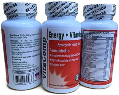 VitaComp Energy+Vitamins - Complete Multivitamin-Multimineral Complex with Energy Boost (contains Vitamins B, D, Calcium, Caffeine and other essentials) 60 vegetarian capsules.