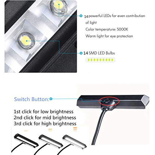 Lightess 14 LED Music Stand Lights Rechargeable Clip On Book Light Adjustable Piano Lamp Portable USB Desk Lamp, BL-1
