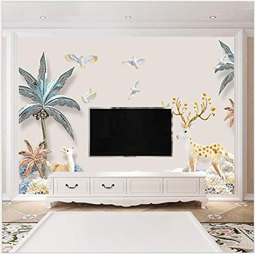 Wallpaper Self-Adhesive Canvas Murals Wall Papers Photo 3D Modern Home Decor Coconut Tree and Deer-150Cm(W) X105Cm(H)