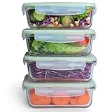 Wellehomi Premium Glass Food Storage Containers with Snap Locking Lid Meal Prep Lunch Box Set Airtight Reusable BPA-Free Oven Freezer Dishwasher and Microwave Safe, 4 Pack