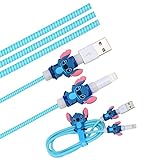Cute Blue Stitch Cartoon Animal Kawaii Spring Cable Protector Cover Saver Sleeves/Cord Management+Charging Data USB Cable+Cable Ties Reusable Fastening/Cable Straps Organizer for Apple iPhone iPad
