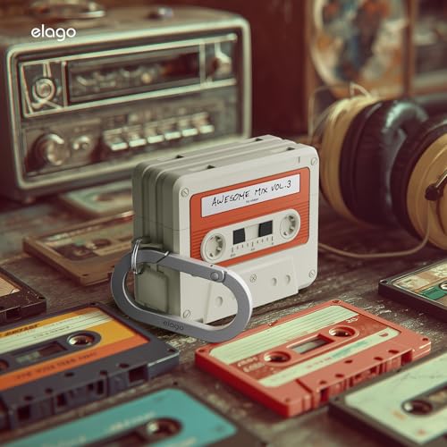elago Retro Cassette Case Compatible with AirPods Pro 3, with Carabiner, Wireless Charging, Shockproof, Soft Silicone, Visible Front LED (Classic White)