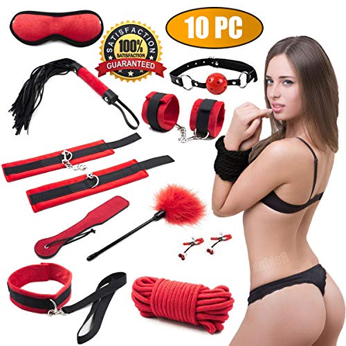 BDSM 12 Piece Bondage Kit | Sex Toys Include Whip, Ball Gag, Handcuffs, Collar, Blindfold, Nipple Clamps