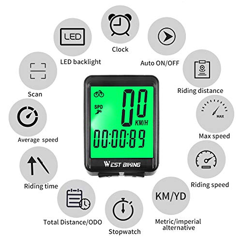 WESTGIRL Bike Computer, Large Digit Automatic Wake-up Cycle Speedometer with LCD Backlight, Multi-Function Waterproof Bicycle Odometer Cycling Accessories, Wireless & Wired