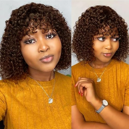 Chocolate Brown Human Hair Curly Bob Wig with Bangs - Glueless Short Wig for Women - 4# Color 12 Inch