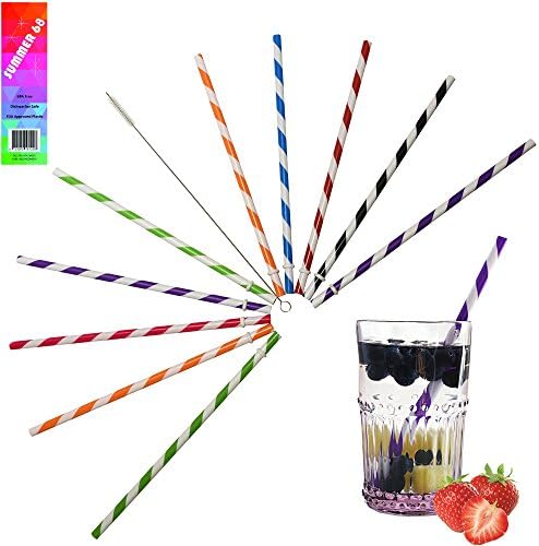 Summer 68 - Reusable Plastic BPA Free Striped Drinking Straws - Wide - Hard - 9 inch - Free Cleaning Brush - For Tumblers, Mason Jars, Cups - Set of Eight