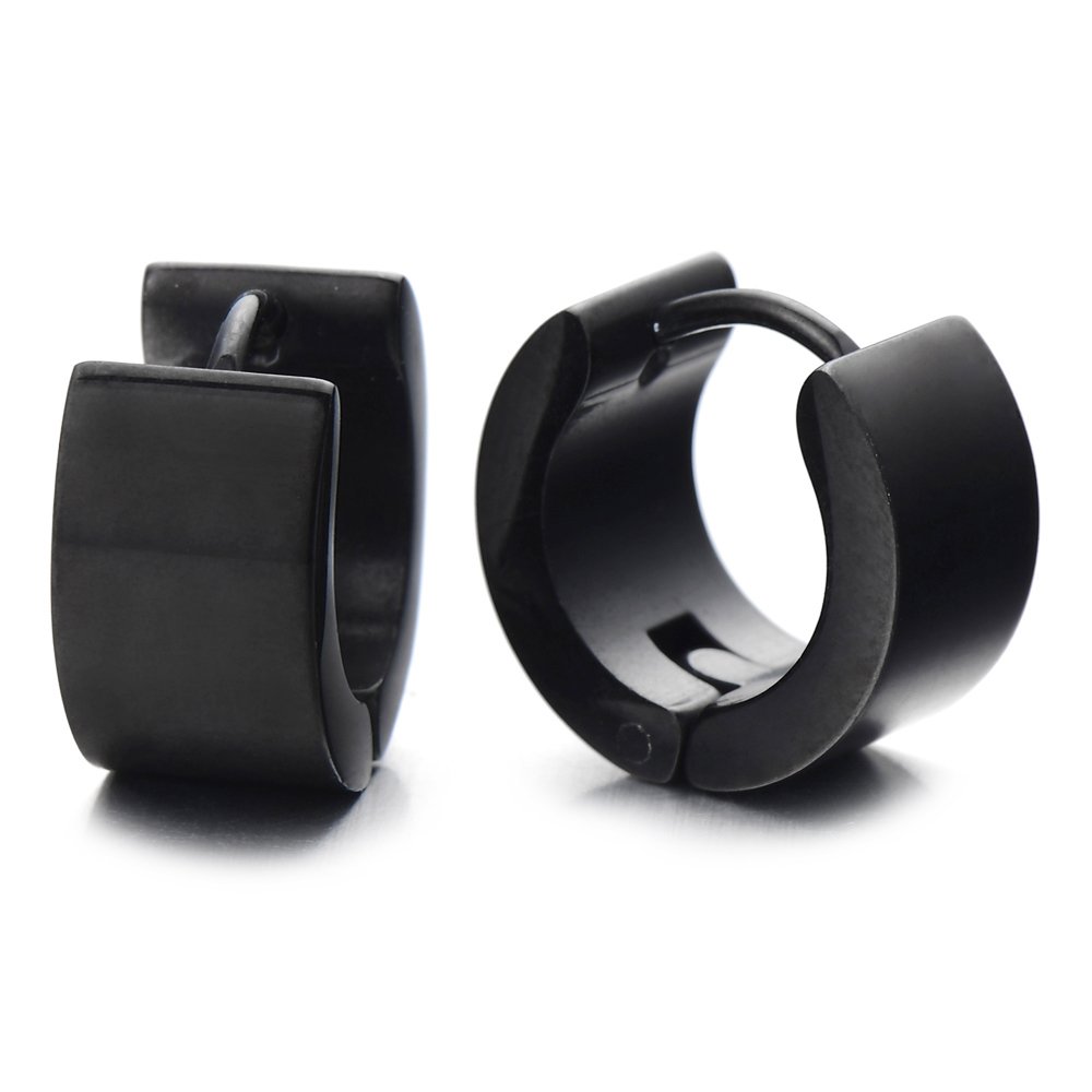 Pair of Black Huggie Hinged Hoop Earrings Unisex Men Women