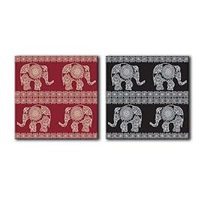 2 Panel Square Canvas Wall Art - Abstract Elephant Floral Patterns - Giclee Print Gallery Wrap Modern Home Art Ready to Hang - 12"x12" x 2 Panels