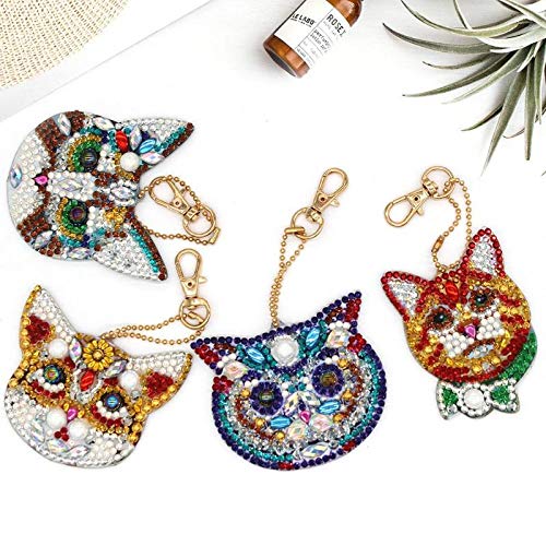 5D DIY Diamond Painting Keychain, 4 pcs Cat Shape, Mosaic Making Full Drill Special Shape Diamond Painting Kit for Bags, Smartphone Straps, 4 Pack - Thumbnail 2