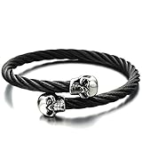 Elastic Adjustable Mens Skull Bangle Bracelet Steel Twisted Cable Cuff Bracelet Silver Black