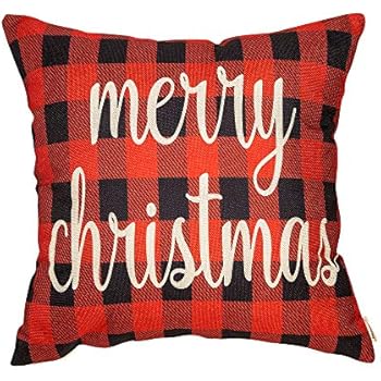 Fahrendom Red and Black Buffalo Checker Plaid Merry Christmas Winter Holiday Sign Gift Cotton Linen Home Decorative Throw Pillow Case Cushion Cover with Words for Sofa Couch 18 x 18 in