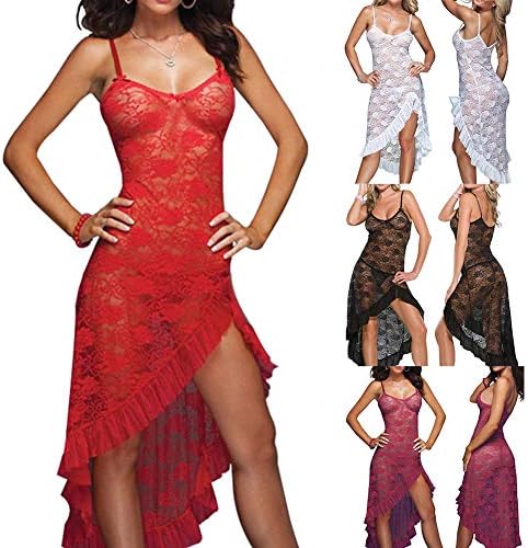 dSNAPoutof 2Pcs Sexy Lace Embroidery Rose See-through Women Dress Briefs Sleepwear Set - Red M