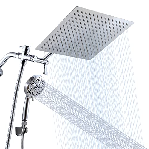 High Pressure Shower Heads Combo, 10'' Stainless Steel Anti Clog Shower Head and 10-Modes Chrome Finish Handheld Spray with Adhesive Holder & 60'' Hose, Adjustable Extension Arm & 3-Way Water Diverter