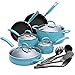 Finnhomy Hard Porcelain Enamel Aluminum Cookware Set, Ceramic Cookware Set, New Technology Double Nonstick Coating Kitchen Pots and Pan Set, 14-Piece, Blue