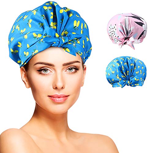 YISUN Shower Caps for Women - 2 PACK Double Layer Waterproof Bath Cap with Oxford Elastic Band, Reusable Shower Caps