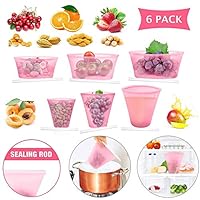 Roysmart Reusable Silicone Food Storage Bags, Zip Lock Top Leakproof Containers BPA Free Dishes Storage Bags Microwave Dishwasher Freezer Safe Storage for Fruit Snack Vegetables-6Pack (Pink)