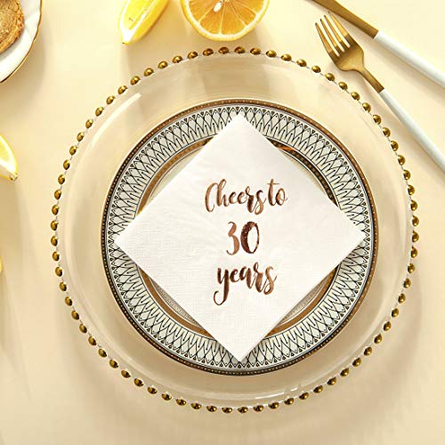 Cheers to 30 Years Cocktail Napkins, 50-Pack 3ply White Rose Gold 30th Birthday Dinner Celebration Party Decoration Napkin