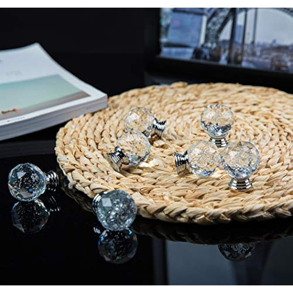 10 Pcs 30mm Clear Crystal Glass Drawer Knob Round Diamond Cut