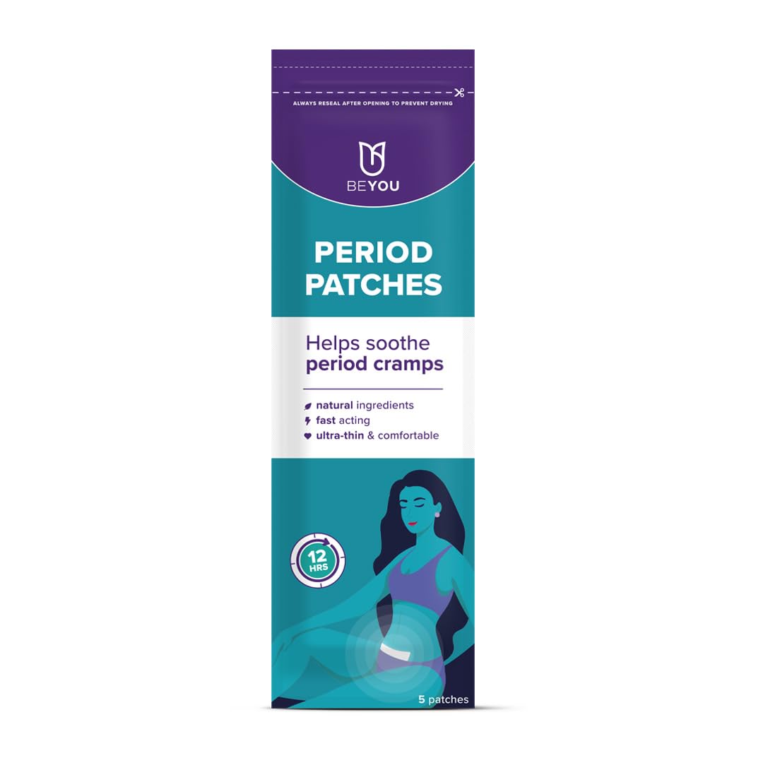 BeYou Period Patches for Period Pain Relief | This Pack of 5 All-Natural Ultra-Thin Pain Relief Patches are Vegan, Cruelty-Free, and Offer Great Muscle Pain Relief with 12-Hour Menthol & Eucalyptus