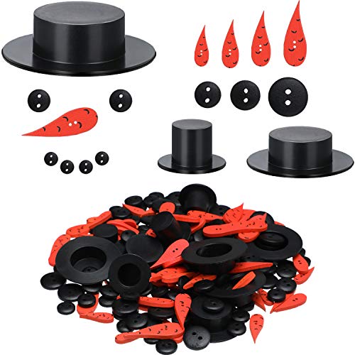 50 Pieces Carrot Noses Buttons and 50 Pieces Mini Black Top Hats Plastic Magician Hats with 200 Pieces Tiny Black Buttons for Christmas Crafting and Sewing, Party Supplies