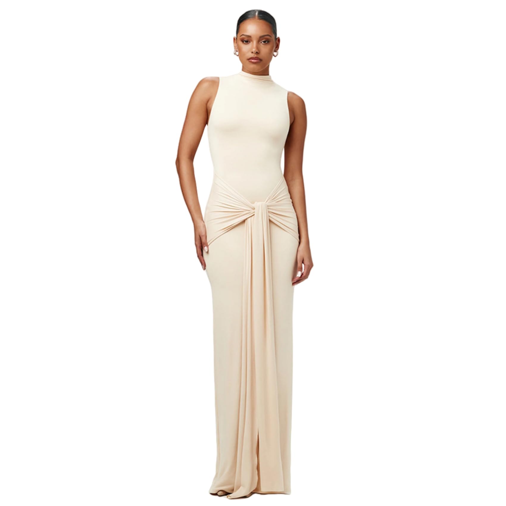 Photo 1 of JUMISEE Women's Sexy Sleeveless Mock Neck Maxi Dress Elegant Tie Waist Bodycon Long Dress Cocktail Party Dress