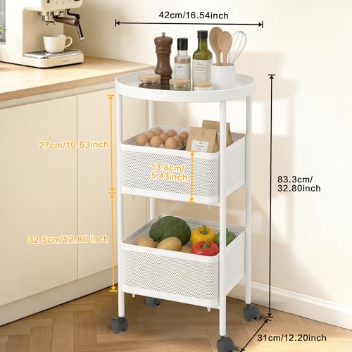 PLSOPPKG - 3 Tier Rolling Cart, Metal Storage Carts with Wheels, Craft Cart Organizer, Mesh Basket for Bed, Kitchen, Office, Art, Milky White